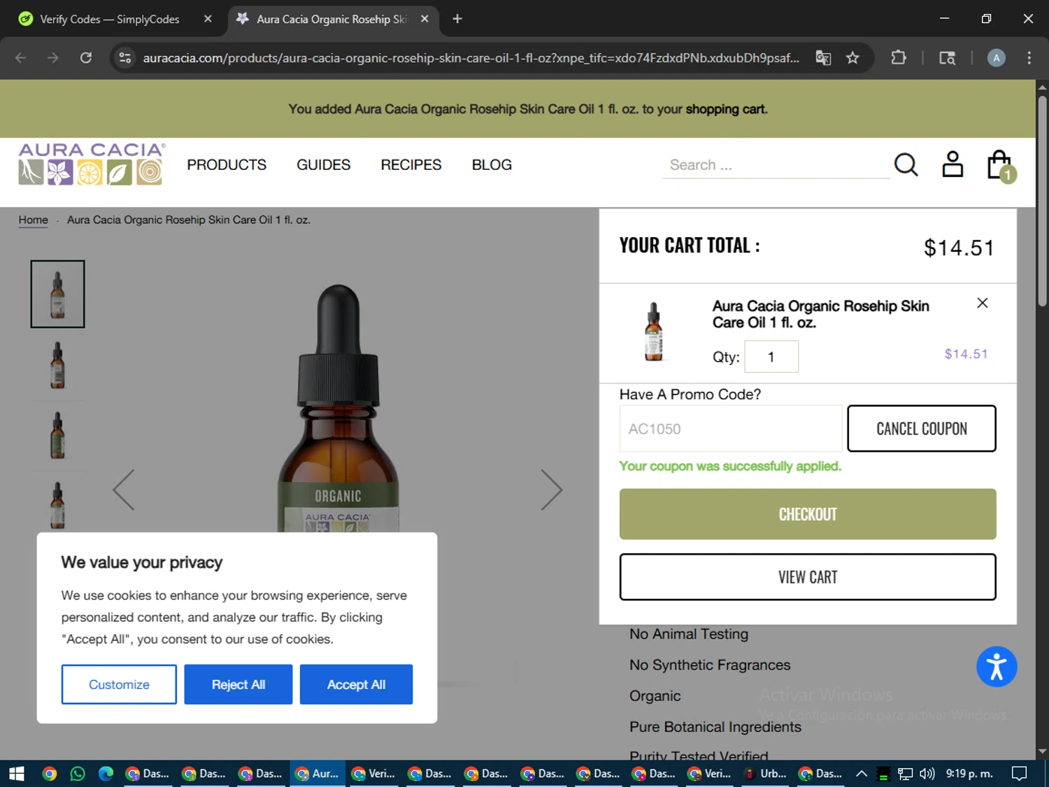 Aura Cacia coupon code screenshot showing code AC1050 applied at Aura Cacia checkout page. Uploaded by SimplyCodes community member trippieredd on Jul 16, 2025