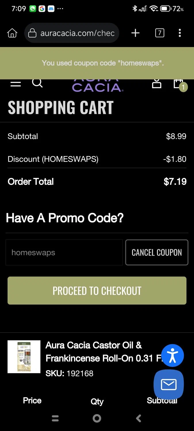 Aura Cacia coupon code screenshot showing code homeswaps applied at Aura Cacia checkout page. Uploaded by SimplyCodes community member cuenta03 on Oct 15, 2025