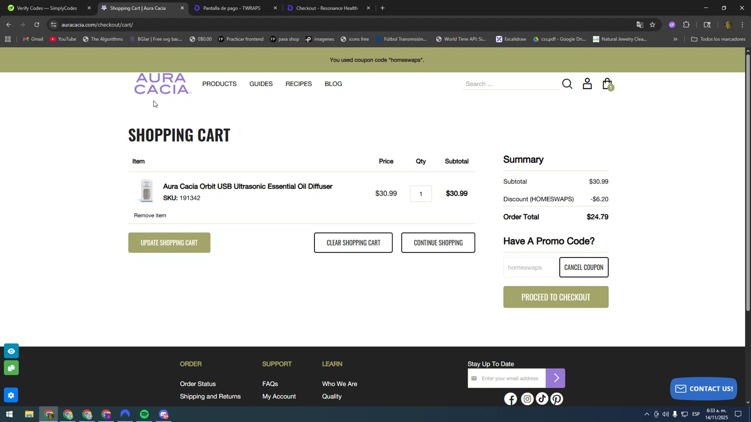 Aura Cacia coupon code screenshot showing code homeswaps applied at Aura Cacia checkout page. Uploaded by SimplyCodes community member kakakakakka on Nov 14, 2025