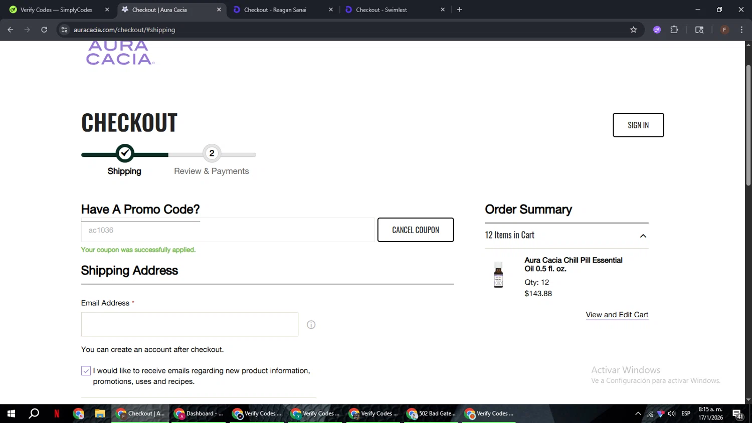 Aura Cacia checkout page showing Aura Cacia coupon code box | Screenshot taken by SimplyCodes community member on Jan 17, 2026