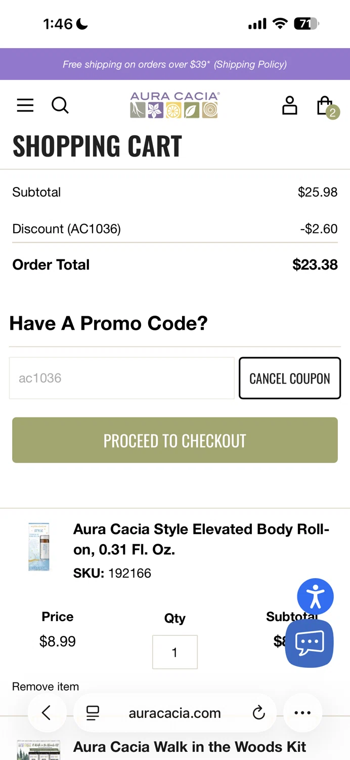 Aura Cacia coupon code screenshot showing code ac1036 applied at Aura Cacia checkout page. Uploaded by SimplyCodes community member MoneyScout2554 on Sep 23, 2025