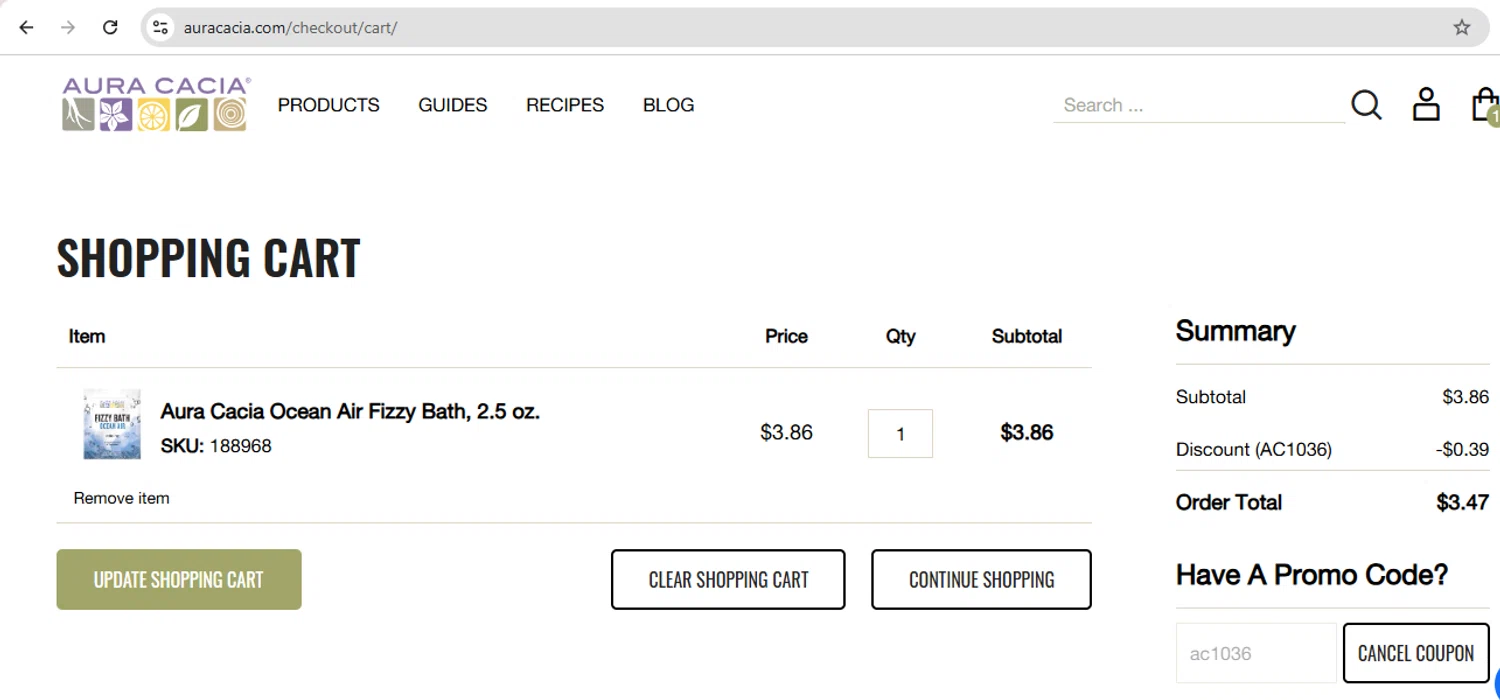 Aura Cacia coupon code screenshot showing code ac1036 applied at Aura Cacia checkout page. Uploaded by SimplyCodes community member carol_lameda on Sep 23, 2025