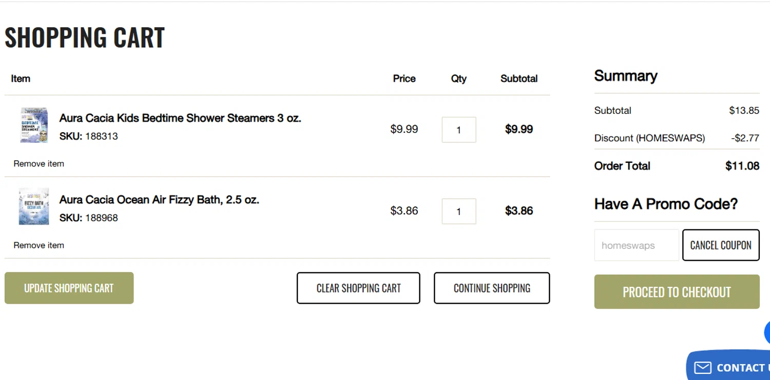 Aura Cacia coupon code screenshot showing code homeswaps applied at Aura Cacia checkout page. Uploaded by SimplyCodes community member shark12 on Jul 20, 2025