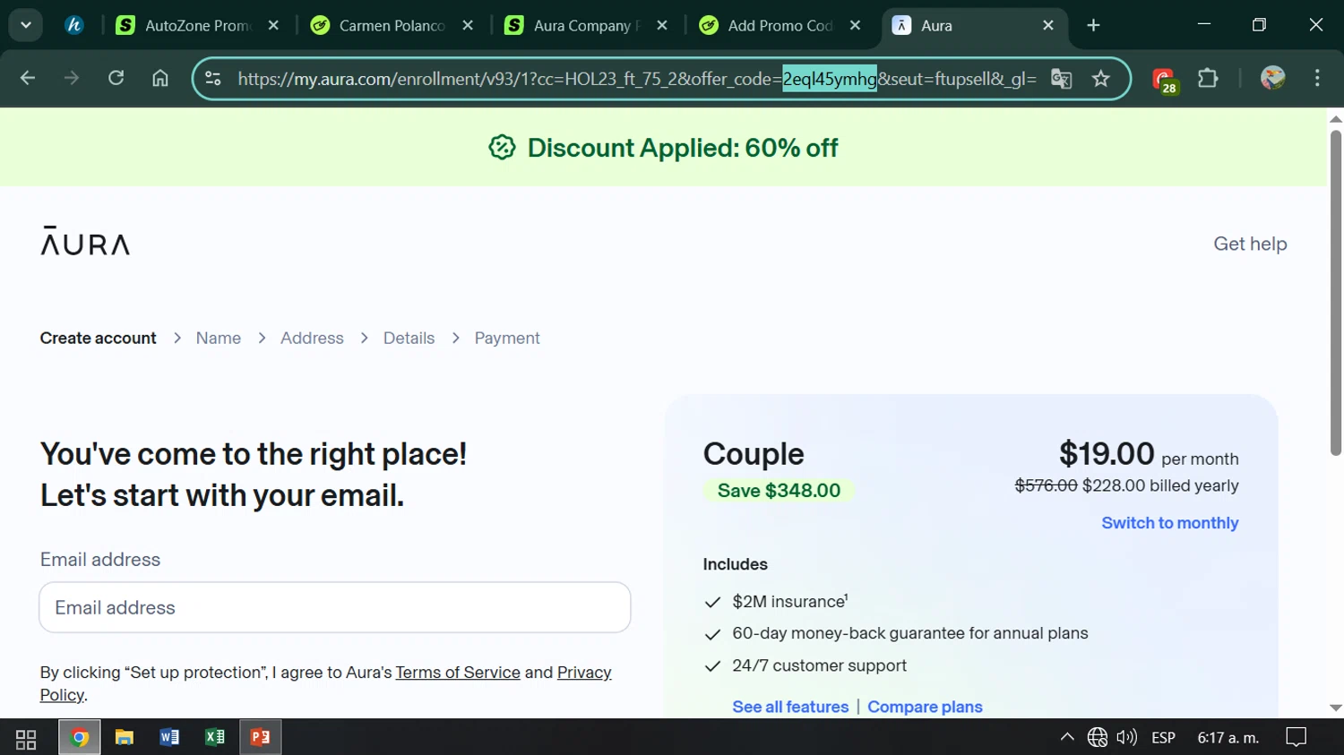 Aura Company promo code screenshot showing code 2eql45ymhg applied at Aura Company checkout page. Uploaded by SimplyCodes community member ESTHER3121 on Nov 28, 2025