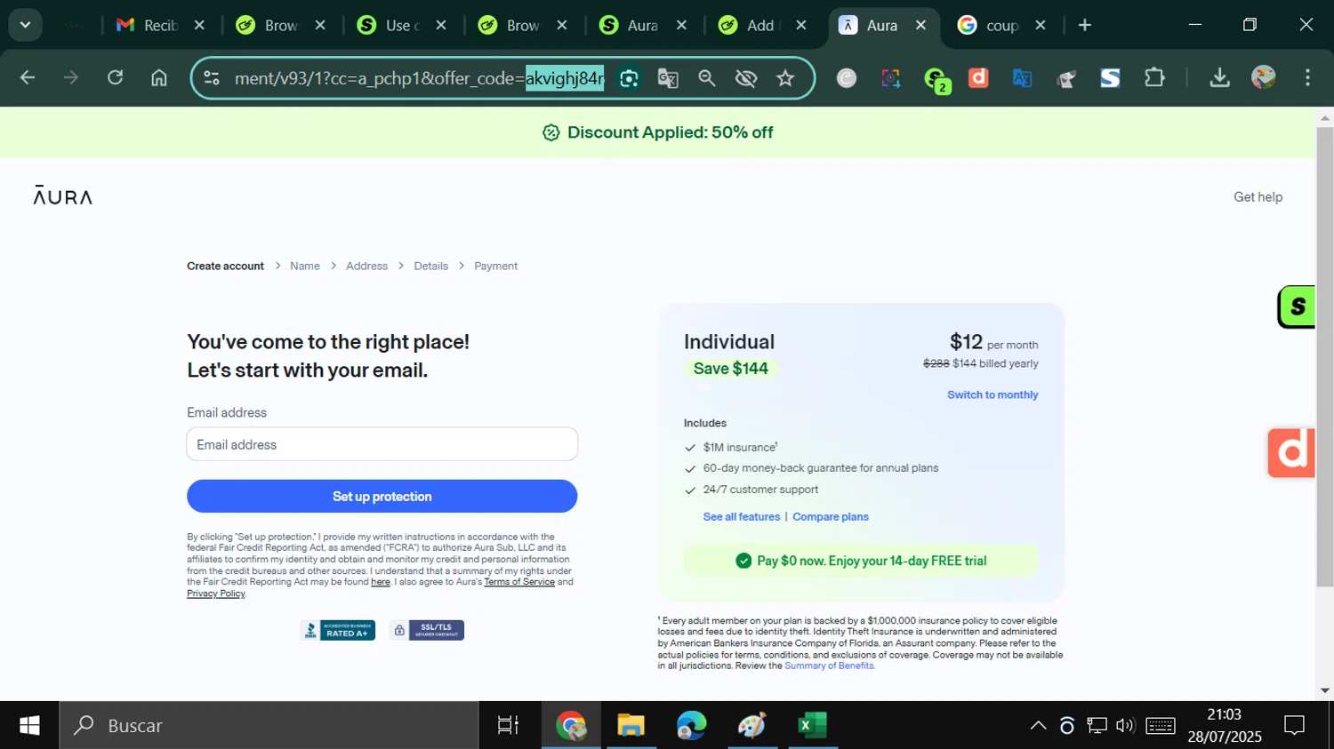 Aura Company promo code screenshot showing code akvighj84r applied at Aura Company checkout page. Uploaded by SimplyCodes community member ESTHER3121 on Jul 29, 2025