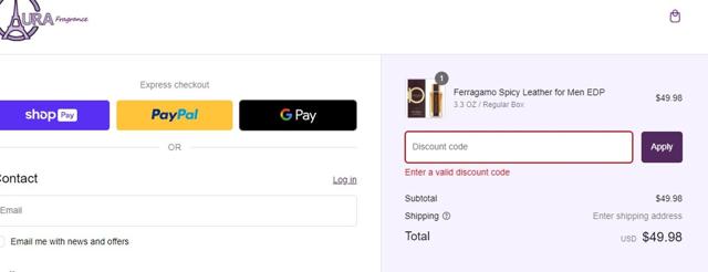 AuraFragrance checkout page showing AuraFragrance discount code box | Screenshot taken by SimplyCodes community member on Apr 14, 2024