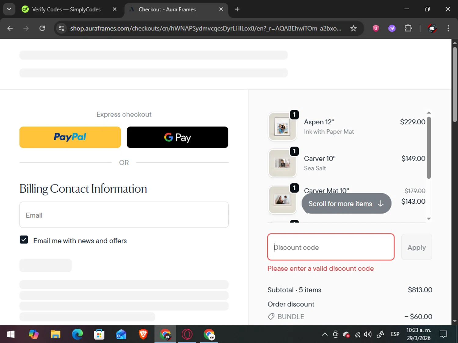 Aura Frames promo code screenshot showing code SMALLTOWNMURDER applied at Aura Frames checkout page. Uploaded by SimplyCodes community member TreasureAdmiral6867 on Mar 29, 2026