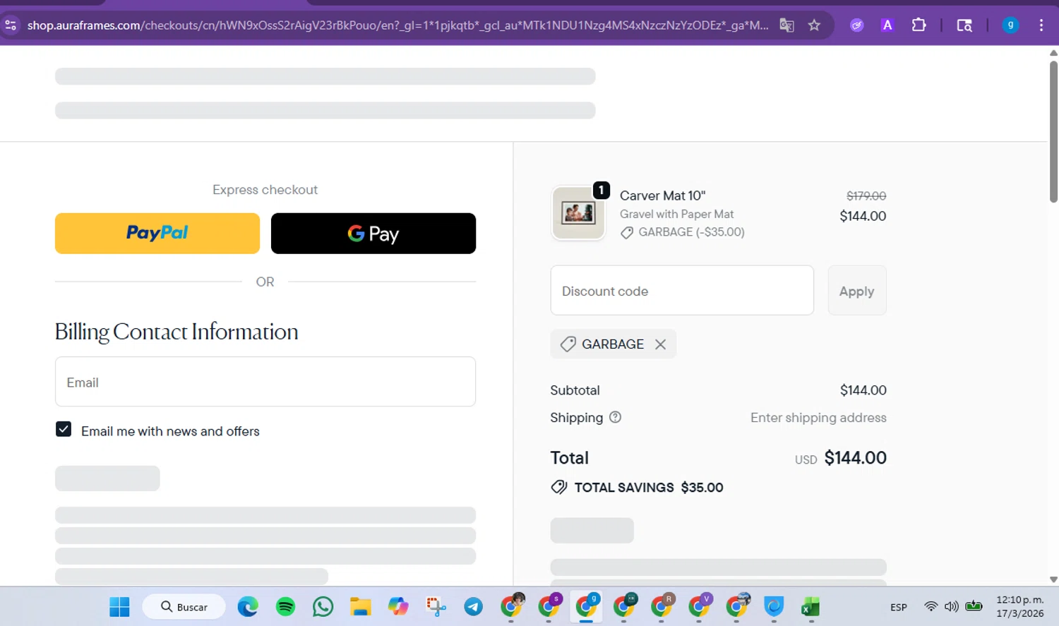Aura Frames promo code screenshot showing code GARBAGE applied at Aura Frames checkout page. Uploaded by SimplyCodes community member FrugalVirtuoso6318 on Mar 17, 2026