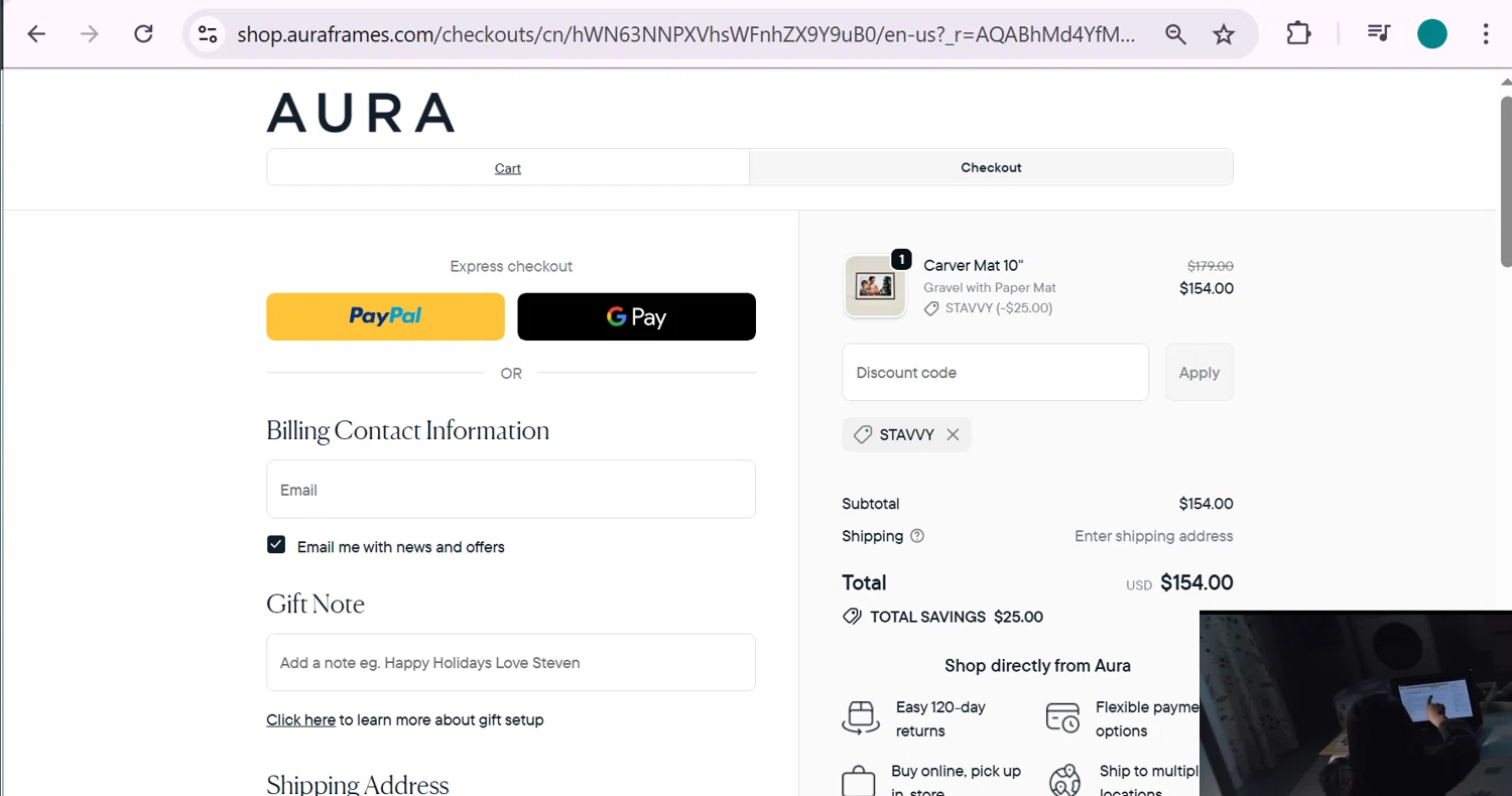 Aura Frames promo code screenshot showing code STAVVY applied at Aura Frames checkout page. Uploaded by SimplyCodes community member anosesmith on Apr 20, 2026