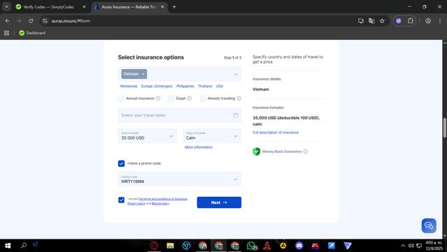 Auras Insurance checkout page showing Auras Insurance promo code box | Screenshot taken by SimplyCodes community member on Aug 12, 2025