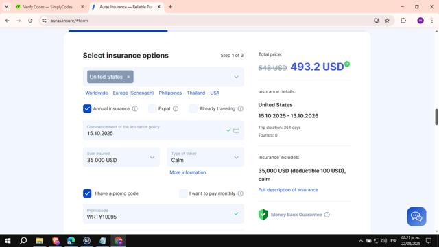 Auras Insurance checkout page showing Auras Insurance promo code box | Screenshot taken by SimplyCodes community member on Aug 22, 2025