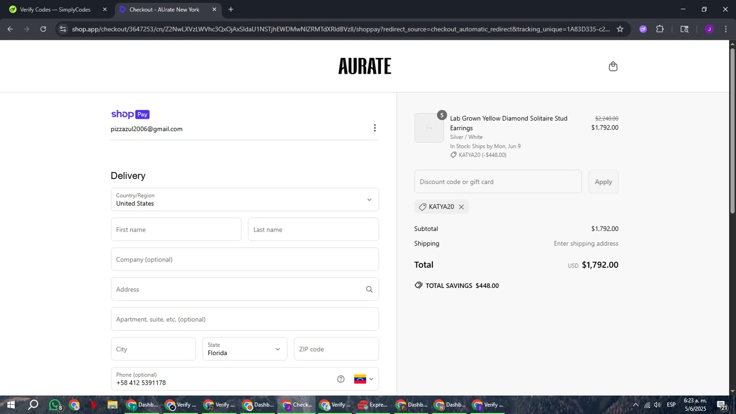 Aurate New York promo code screenshot showing code KATYA20 applied at Aurate New York checkout page. Uploaded by SimplyCodes community member ComeBurra123 on Jun 5, 2025