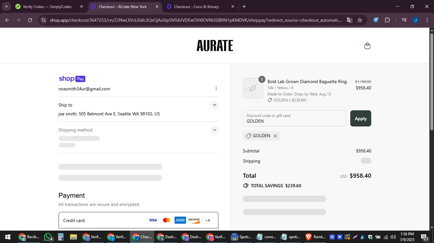 Aurate New York promo code screenshot showing code GOLDEN applied at Aurate New York checkout page. Uploaded by SimplyCodes community member noesmith34ur on Jul 9, 2025