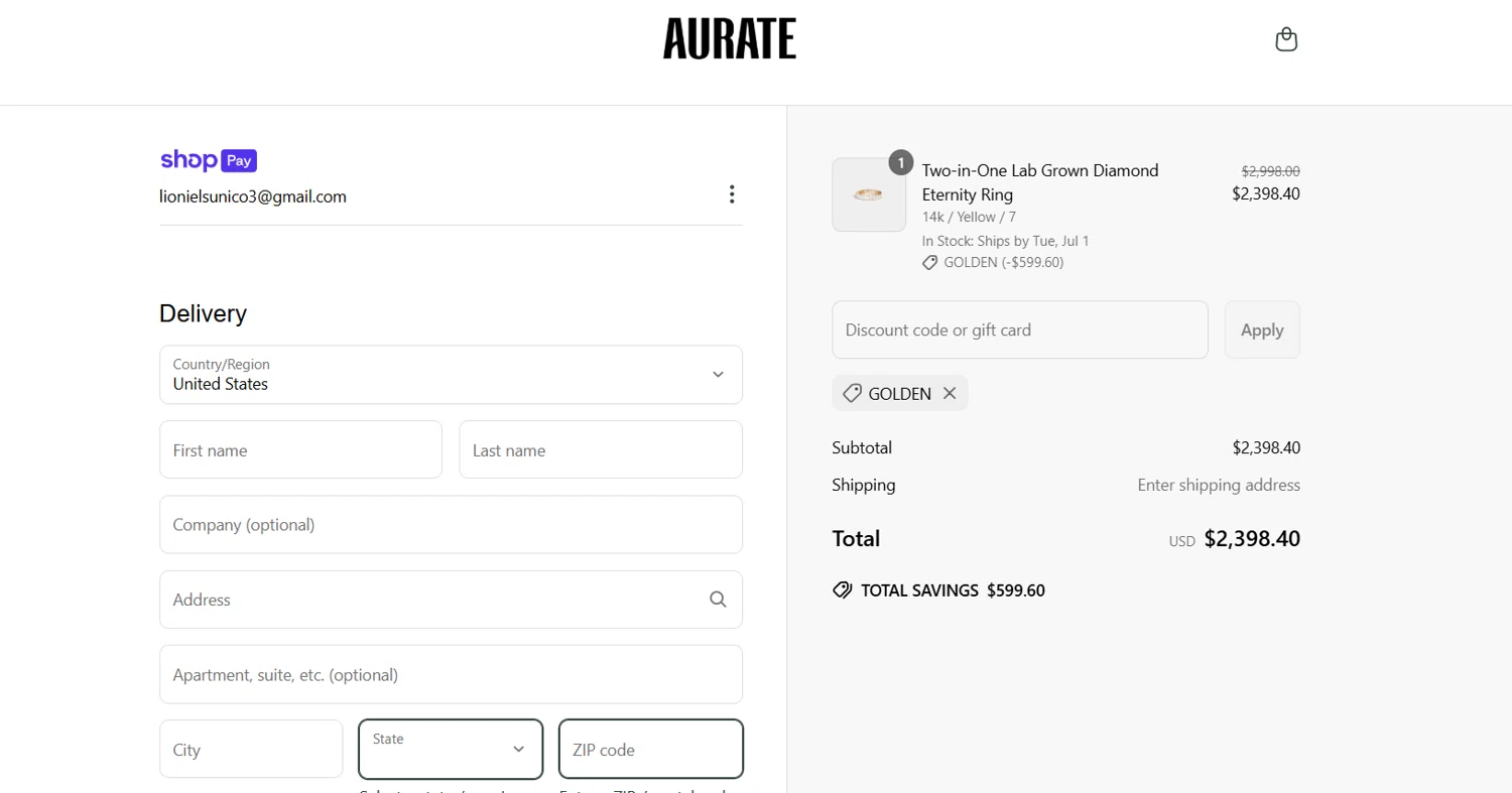 Aurate New York promo code screenshot showing code GOLDEN applied at Aurate New York checkout page. Uploaded by SimplyCodes community member Lioniel on Jun 27, 2025
