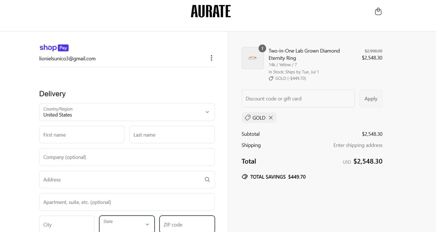 Aurate New York promo code screenshot showing code GOLD applied at Aurate New York checkout page. Uploaded by SimplyCodes community member Lioniel on Jun 27, 2025