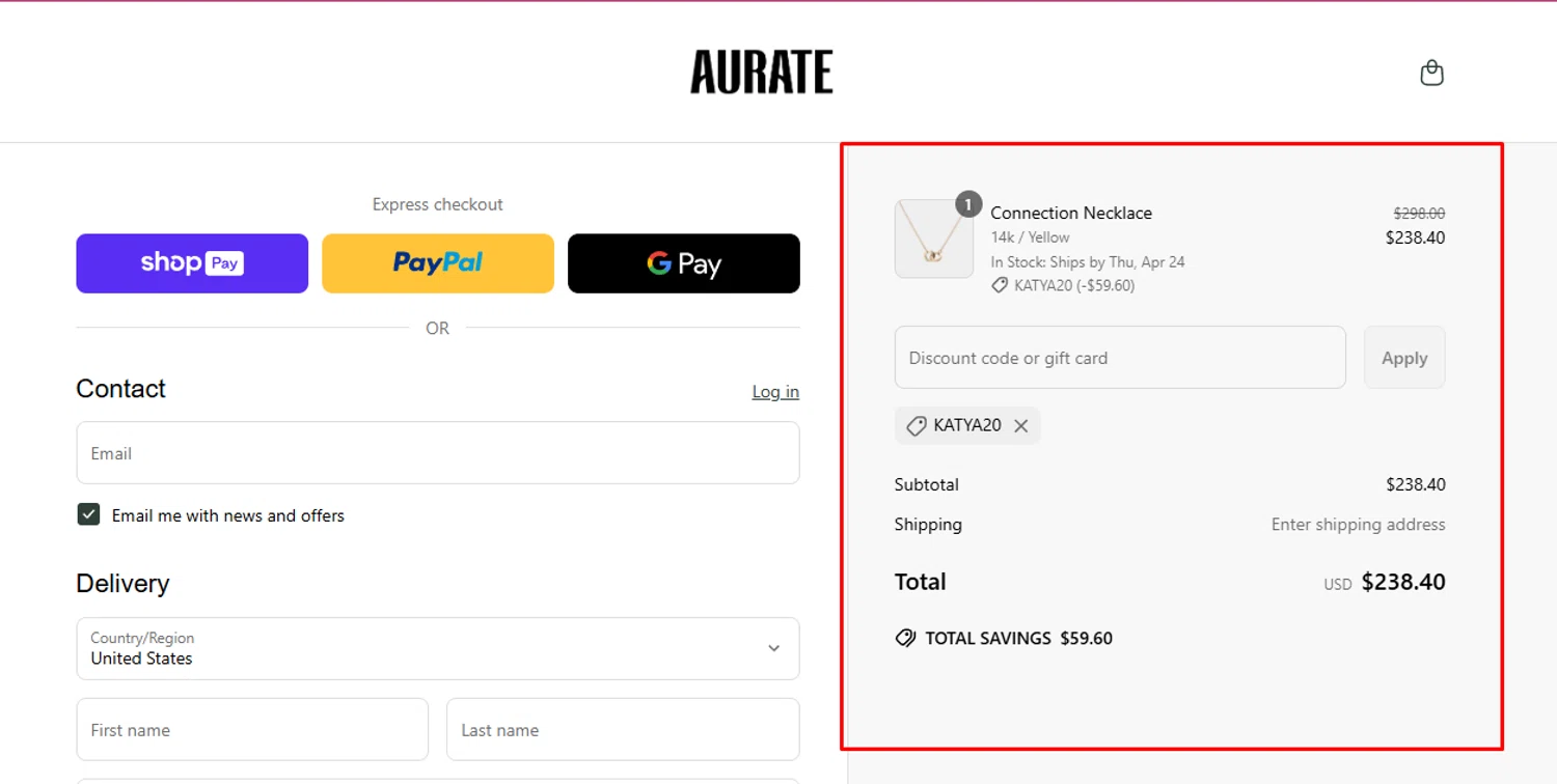 Aurate New York promo code screenshot showing code KATYA20 applied at Aurate New York checkout page. Uploaded by SimplyCodes community member Swiftdealz on Apr 22, 2025