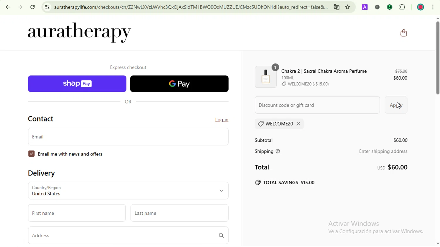 Auratherapy promo code screenshot showing code WELCOME20 applied at Auratherapy checkout page. Uploaded by SimplyCodes community member LOVECOUPON on Jun 2, 2025