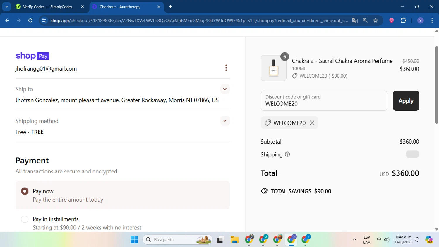 Auratherapy promo code screenshot showing code WELCOME20 applied at Auratherapy checkout page. Uploaded by SimplyCodes community member LiaGGG on Jun 14, 2025