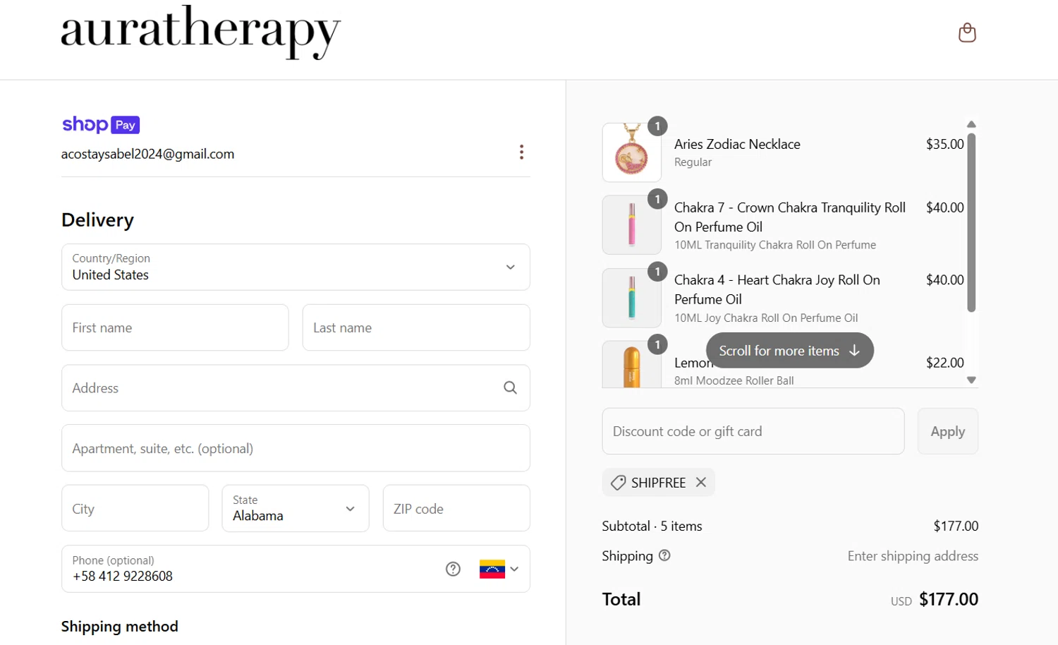 Auratherapy promo code screenshot showing code SHIPFREE applied at Auratherapy checkout page. Uploaded by SimplyCodes community member Gray_75 on Jun 25, 2025