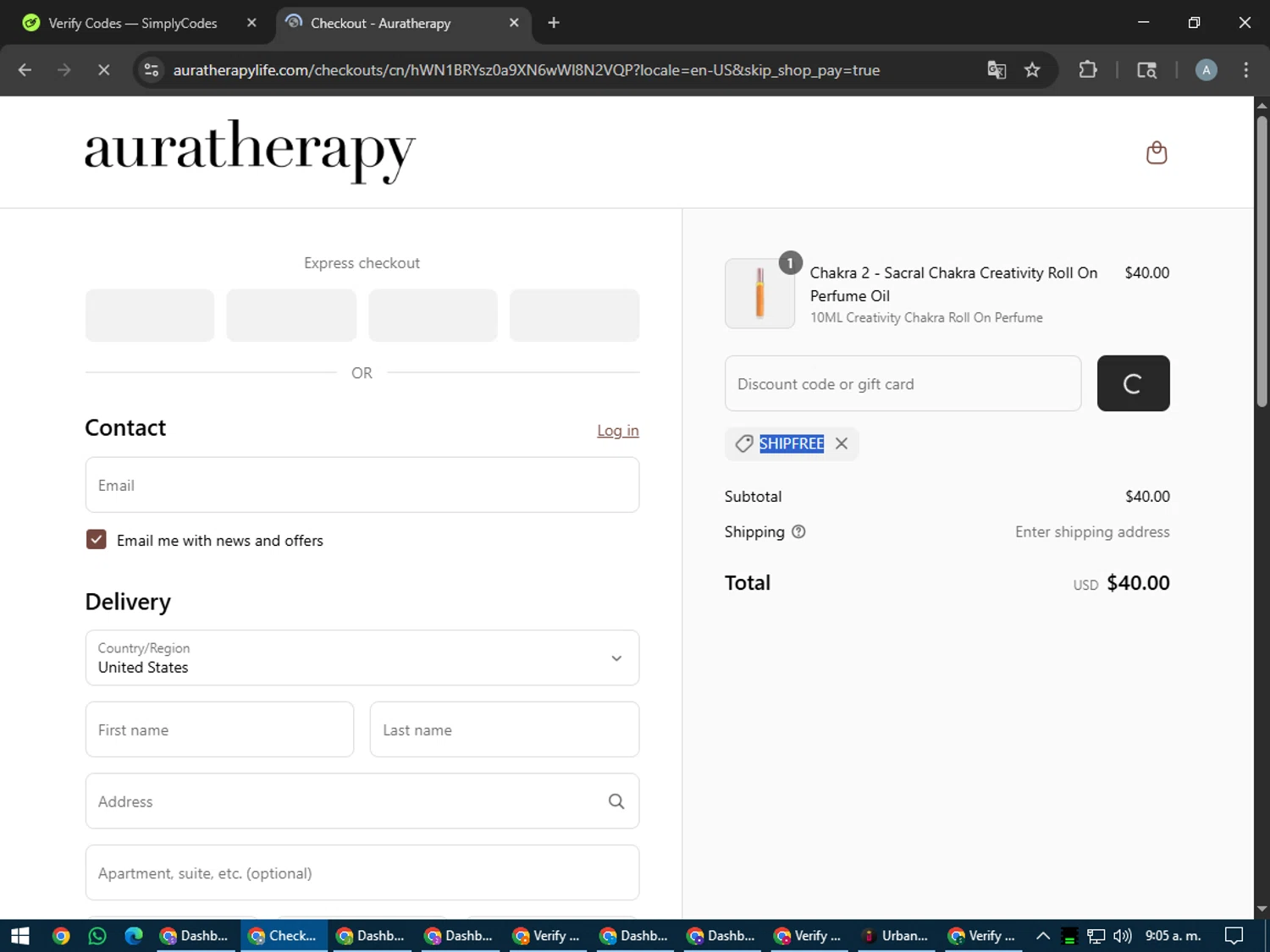 Auratherapy promo code screenshot showing code SHIPFREE applied at Auratherapy checkout page. Uploaded by SimplyCodes community member trippieredd on Jul 29, 2025
