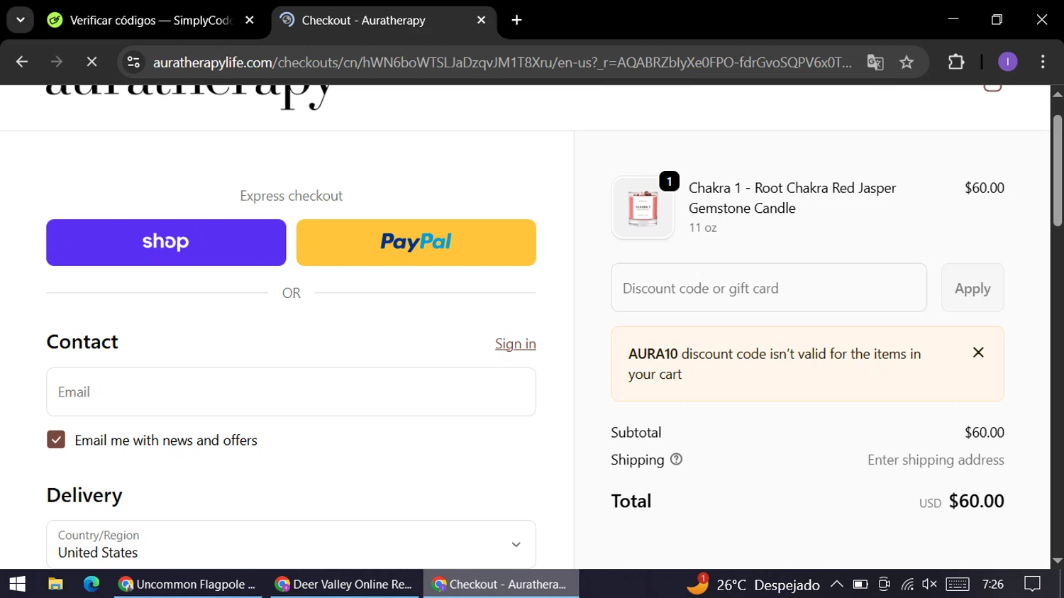 Auratherapy promo code screenshot showing code AURA10 applied at Auratherapy checkout page. Uploaded by SimplyCodes community member AGP44456545 on Dec 19, 2025