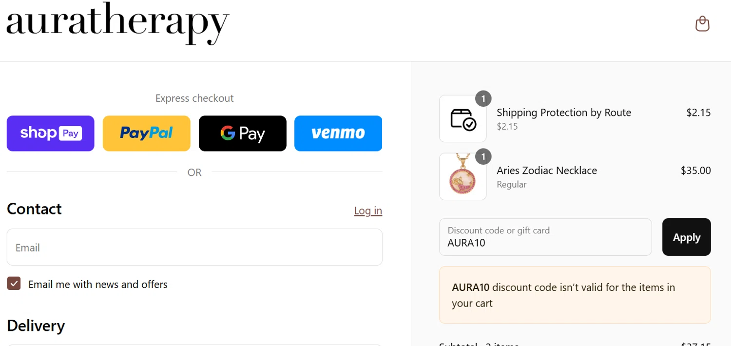 Auratherapy promo code screenshot showing code AURA10 applied at Auratherapy checkout page. Uploaded by SimplyCodes community member Gaby04 on May 9, 2025