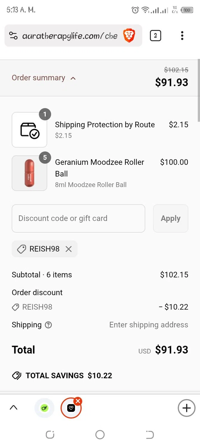 Auratherapy promo code screenshot showing code Reish98 applied at Auratherapy checkout page. Uploaded by SimplyCodes community member Navarro10 on Jun 17, 2025