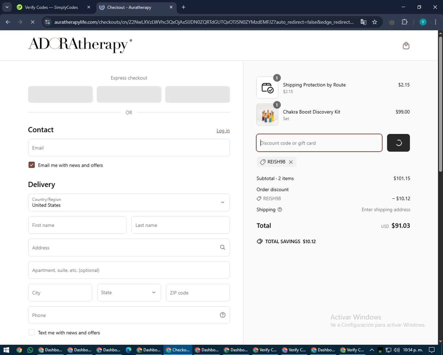 Auratherapy promo code screenshot showing code Reish98 applied at Auratherapy checkout page. Uploaded by SimplyCodes community member RoyalEagle4794 on Apr 9, 2025