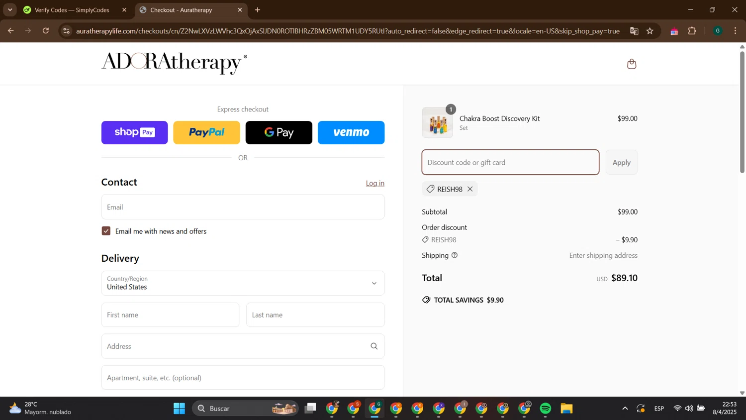 Auratherapy promo code screenshot showing code Reish98 applied at Auratherapy checkout page. Uploaded by SimplyCodes community member ThriftyTitan786 on Apr 9, 2025