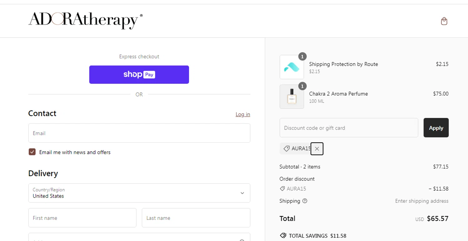 Auratherapy promo code screenshot showing code AURA15 applied at Auratherapy checkout page. Uploaded by SimplyCodes community member Mileidy on Mar 1, 2025