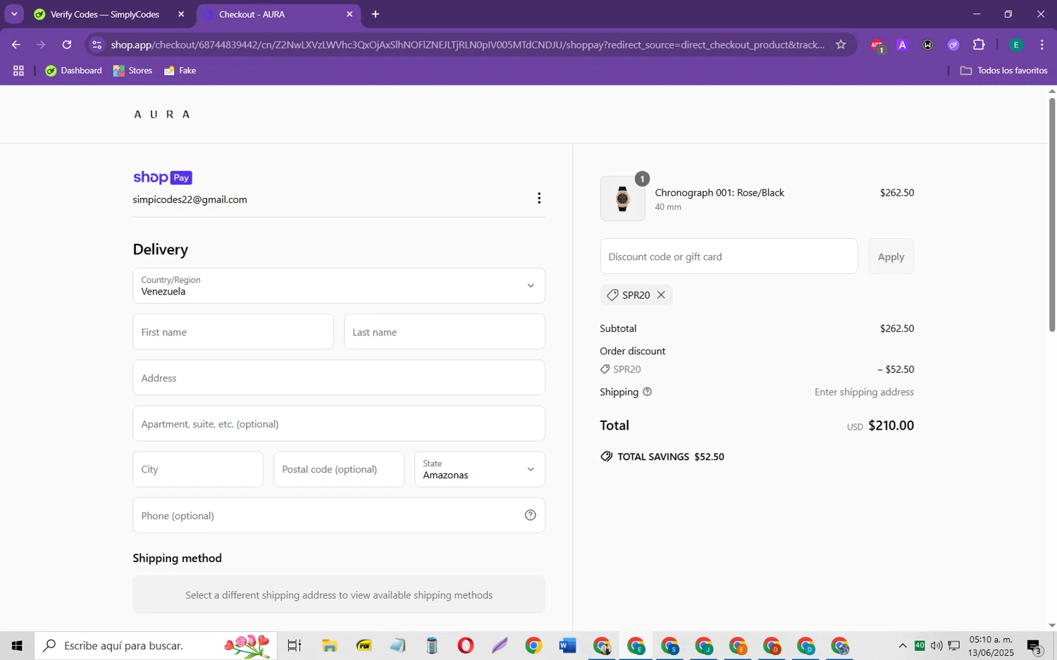 AURA Watches discount code screenshot showing code SPR20 applied at AURA Watches checkout page. Uploaded by SimplyCodes community member RebateScholar429 on Jun 13, 2025