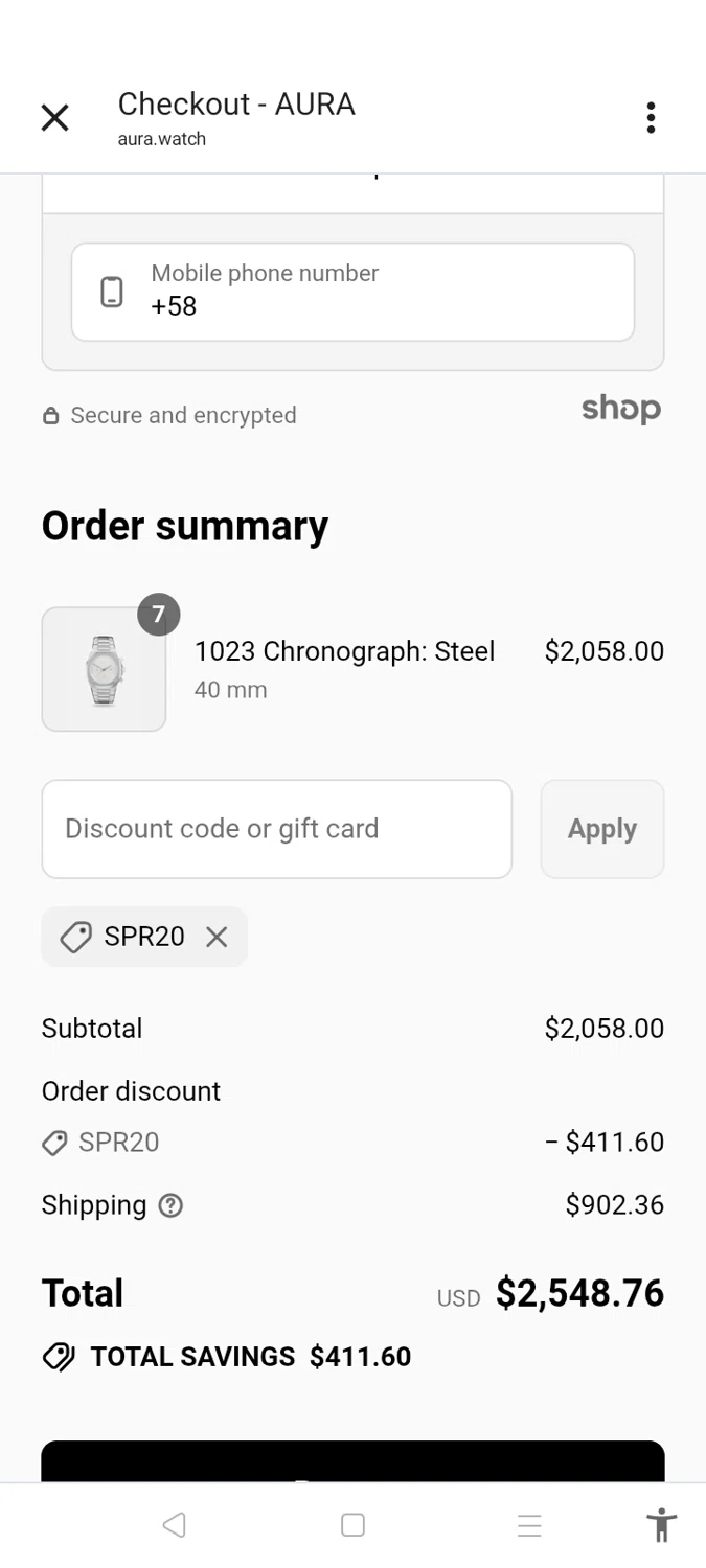 AURA Watches discount code screenshot showing code SPR20 applied at AURA Watches checkout page. Uploaded by SimplyCodes community member germaryghernndezrodr on Aug 13, 2025
