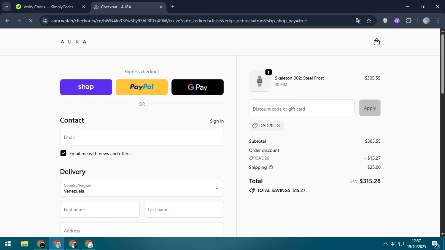AURA Watches discount code screenshot showing code DAD20 applied at AURA Watches checkout page. Uploaded by SimplyCodes community member LegendaryPro7106 on Oct 19, 2025