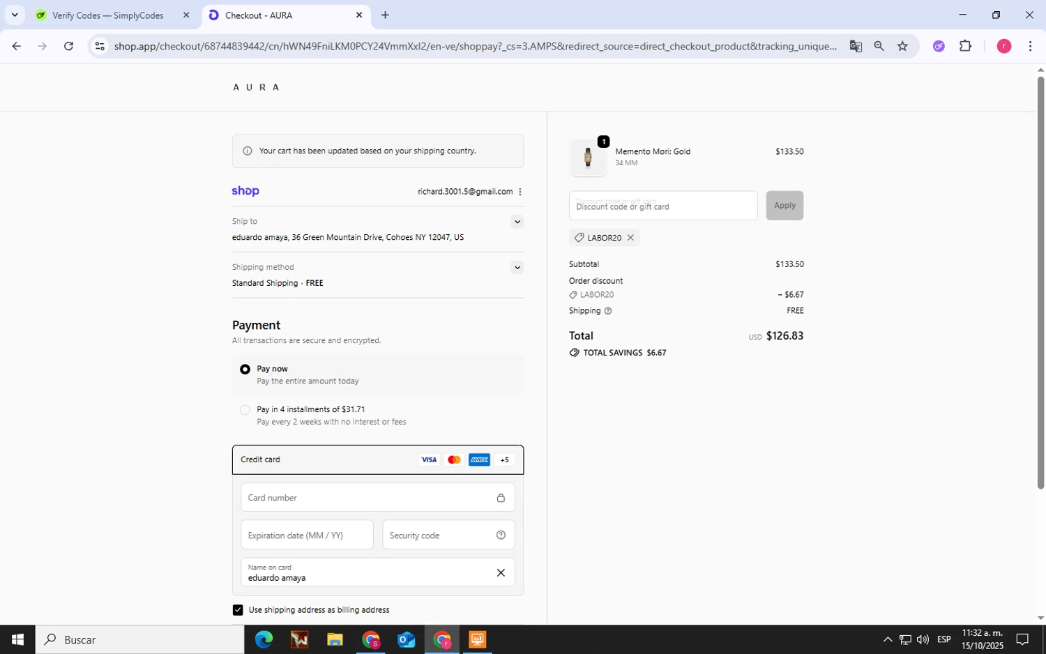 AURA Watches discount code screenshot showing code LABOR20 applied at AURA Watches checkout page. Uploaded by SimplyCodes community member LegendaryWhiz3517 on Oct 15, 2025
