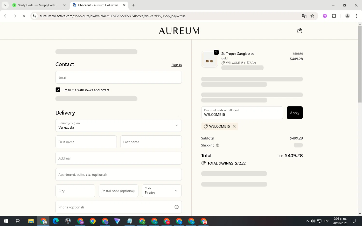 Aureum discount code screenshot showing code WELCOME15 applied at Aureum checkout page. Uploaded by SimplyCodes community member ScanNavigator5190 on Oct 29, 2025