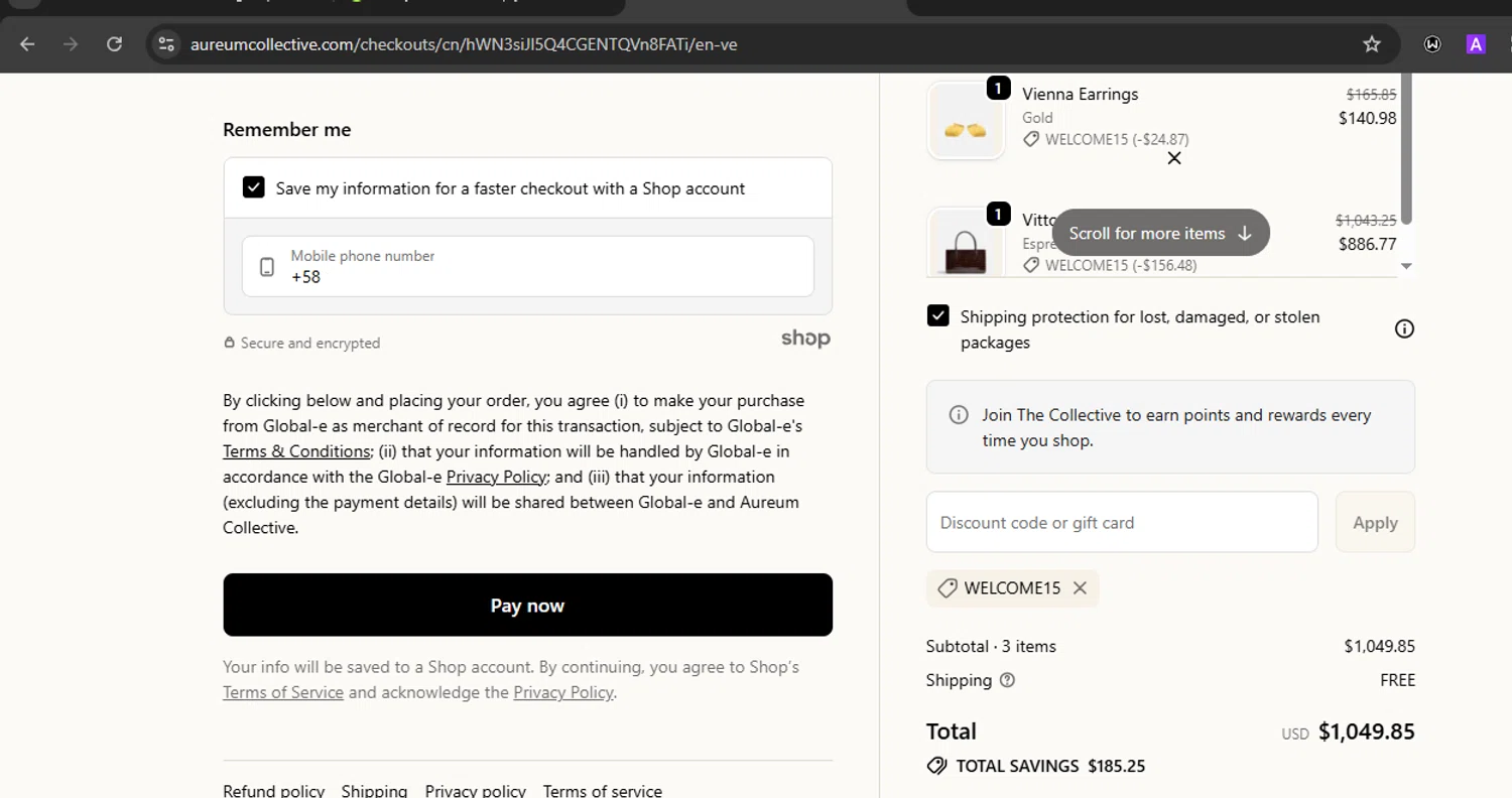 Aureum discount code screenshot showing code WELCOME15 applied at Aureum checkout page. Uploaded by SimplyCodes community member WiseLegend5590 on Oct 8, 2025