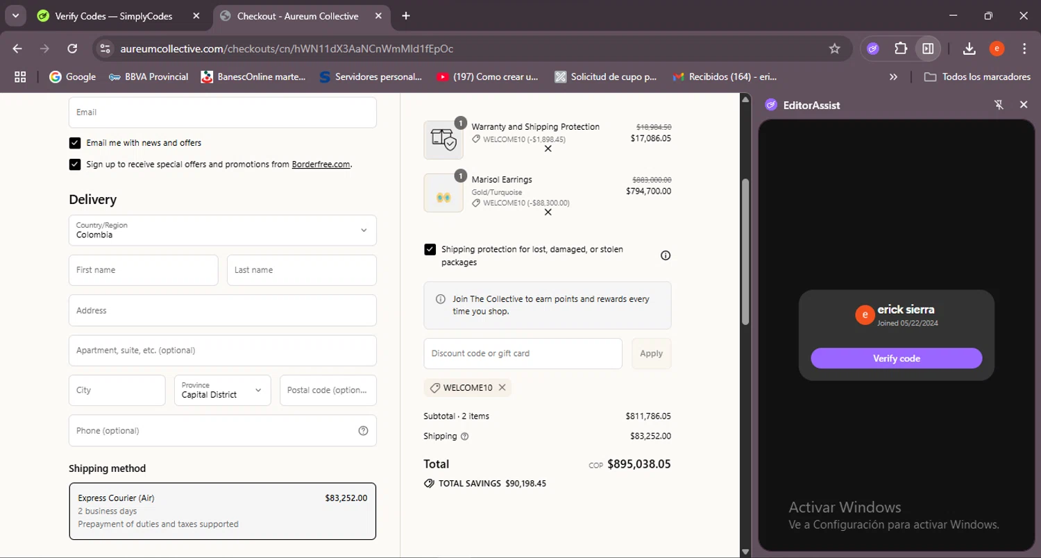 Aureum discount code screenshot showing code WELCOME10 applied at Aureum checkout page. Uploaded by SimplyCodes community member BrilliantSleuth7740 on Jul 25, 2025
