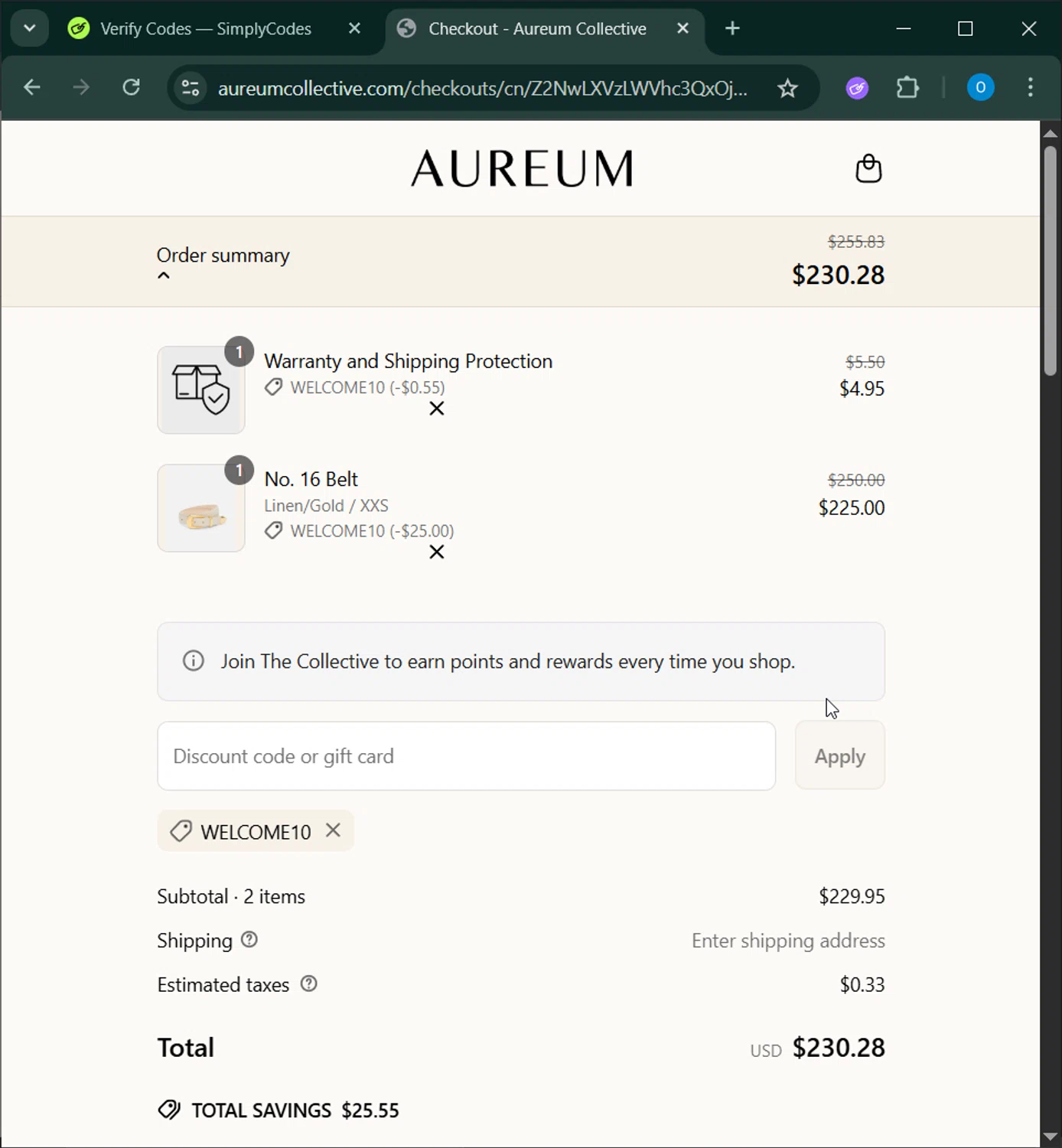 Aureum discount code screenshot showing code WELCOME10 applied at Aureum checkout page. Uploaded by SimplyCodes community member RoyalSage9159 on Apr 30, 2025