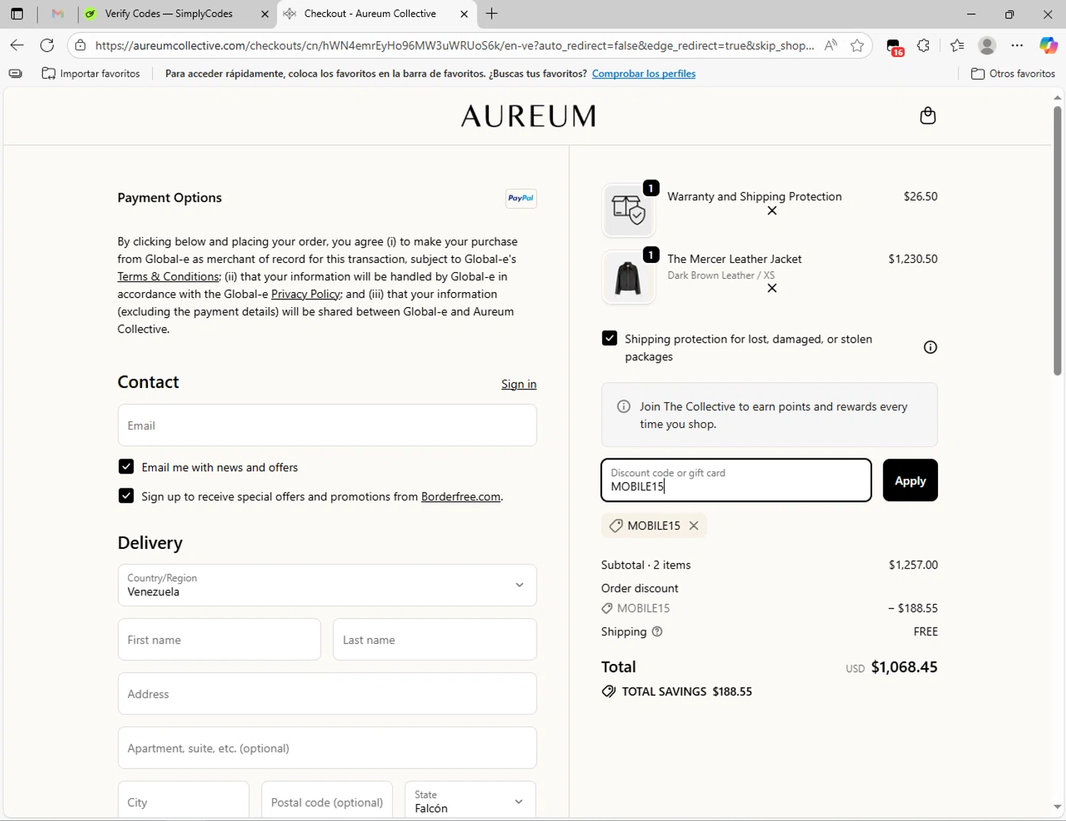 Aureum discount code screenshot showing code MOBILE15 applied at Aureum checkout page. Uploaded by SimplyCodes community member NobleLion9913 on Oct 29, 2025