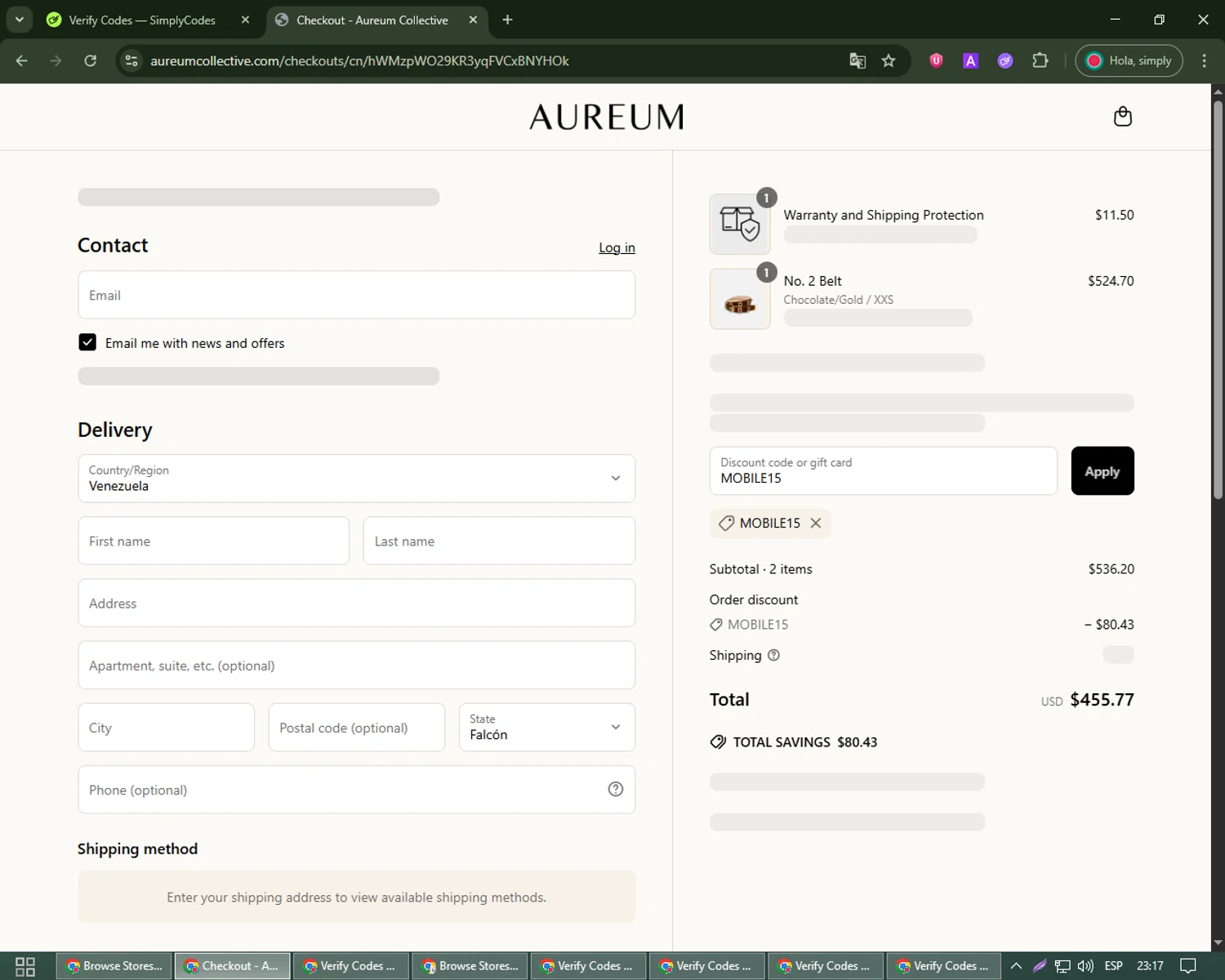 Aureum discount code screenshot showing code MOBILE15 applied at Aureum checkout page. Uploaded by SimplyCodes community member james_smith on Jun 23, 2025