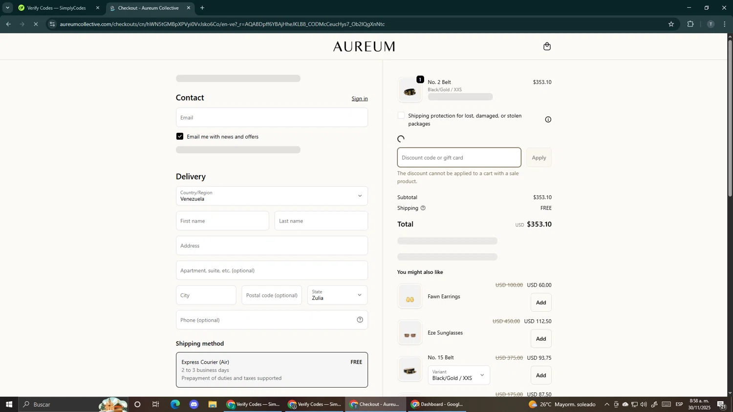 Aureum discount code screenshot showing code CASS20 applied at Aureum checkout page. Uploaded by SimplyCodes community member Makemusic on Nov 30, 2025