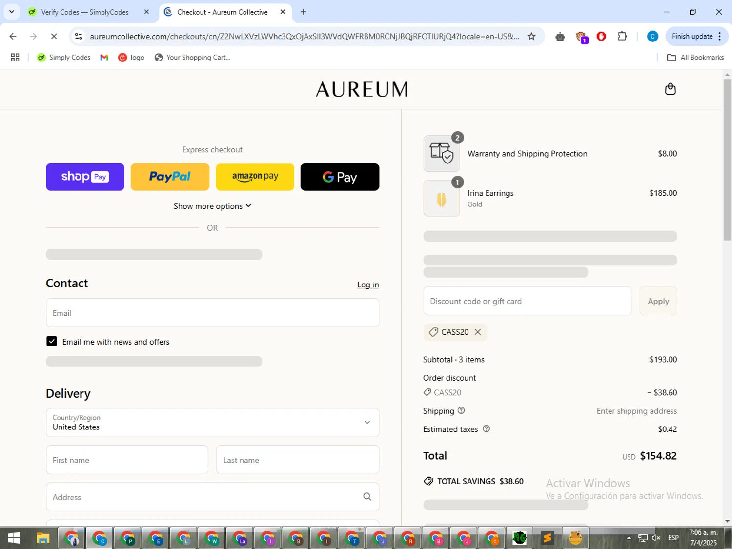 Aureum discount code screenshot showing code CASS20 applied at Aureum checkout page. Uploaded by SimplyCodes community member ShrewdWhiz2806 on Apr 7, 2025