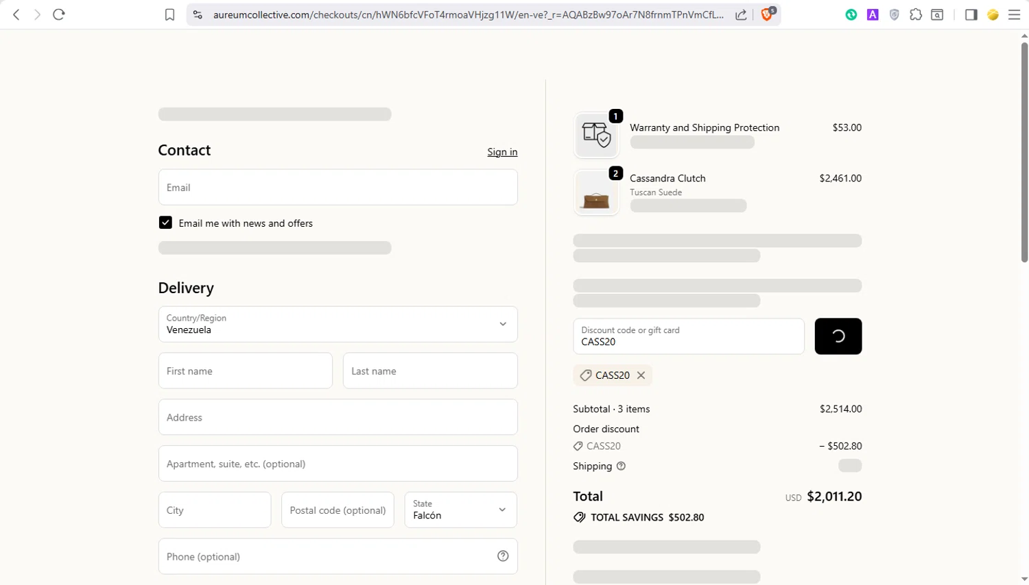 Aureum discount code screenshot showing code CASS20 applied at Aureum checkout page. Uploaded by SimplyCodes community member user1998 on Dec 19, 2025