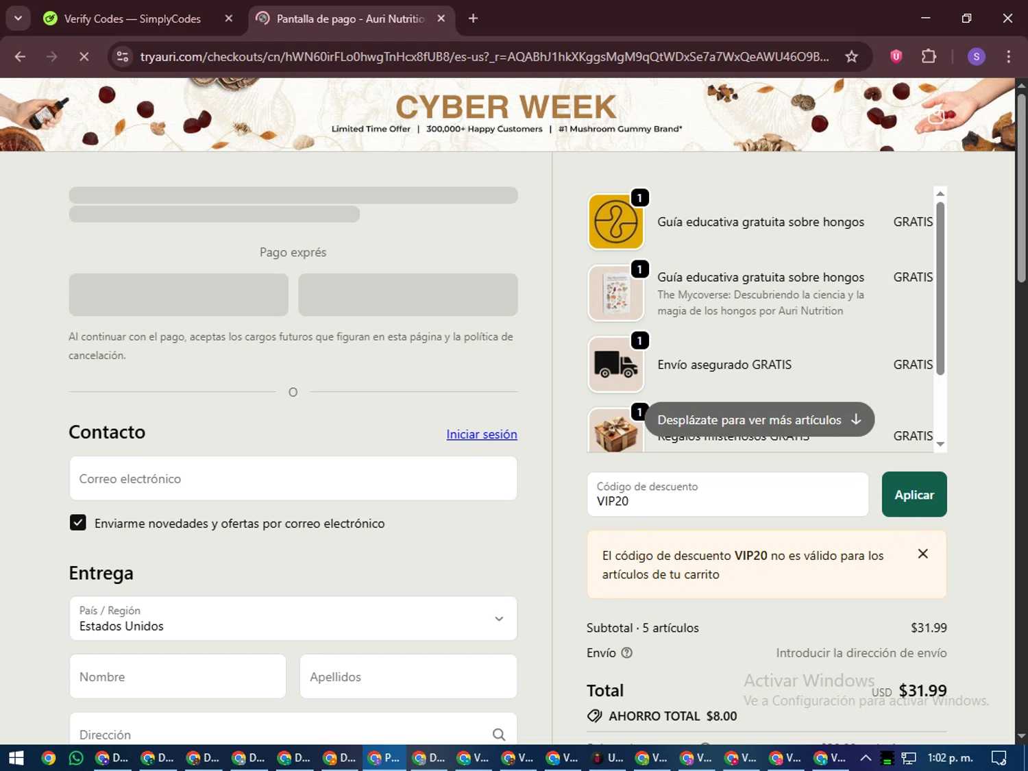 Auri Nutrition coupon code screenshot showing code VIP20 applied at Auri Nutrition checkout page. Uploaded by SimplyCodes community member LuckyVoyager688 on Dec 3, 2025