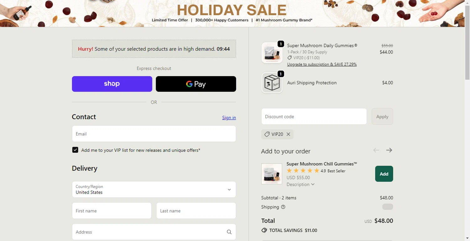 Auri Nutrition coupon code screenshot showing code VIP20 applied at Auri Nutrition checkout page. Uploaded by SimplyCodes community member PennyOwl696 on Dec 14, 2025
