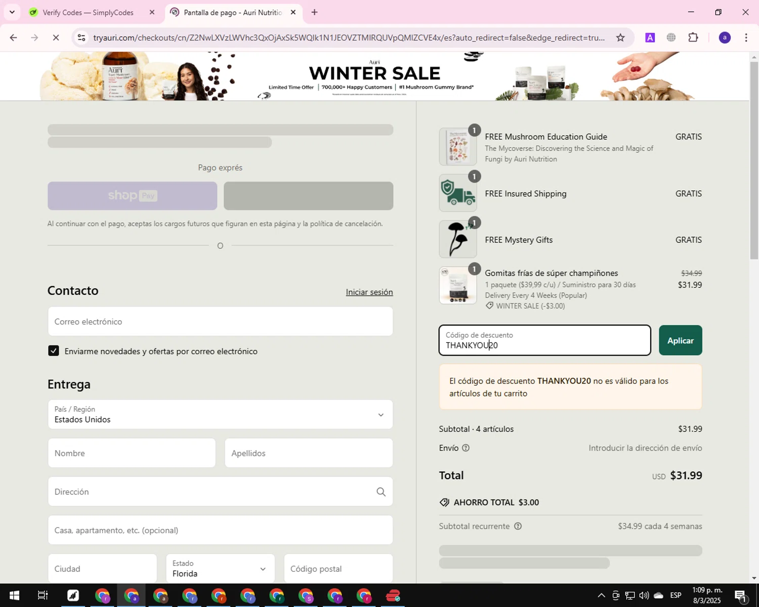 Auri Nutrition coupon code screenshot showing code THANKYOU20 applied at Auri Nutrition checkout page. Uploaded by SimplyCodes community member CleverShopper625 on Mar 8, 2025
