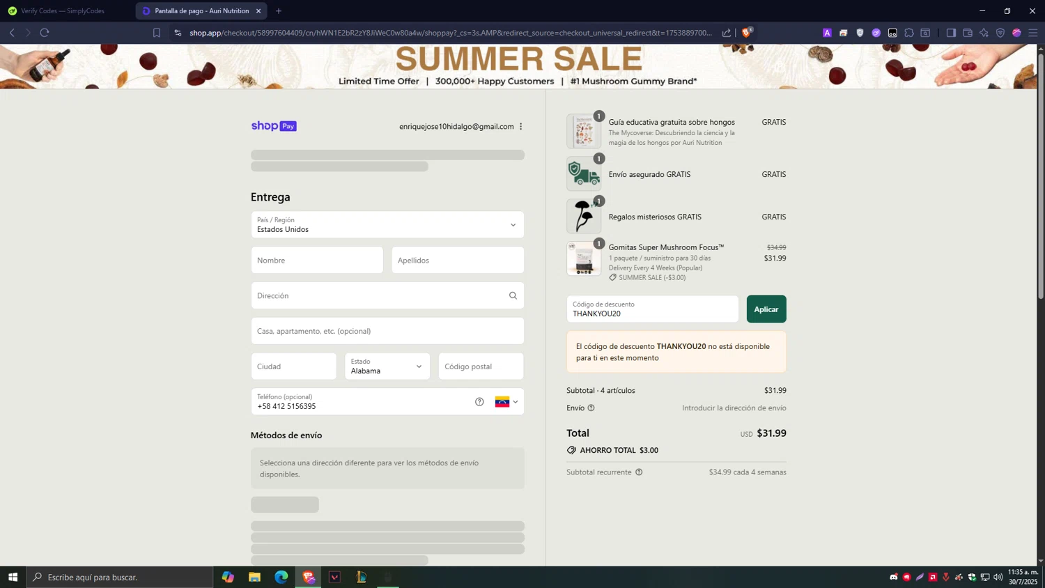 Auri Nutrition coupon code screenshot showing code THANKYOU20 applied at Auri Nutrition checkout page. Uploaded by SimplyCodes community member Tragedy on Jul 30, 2025
