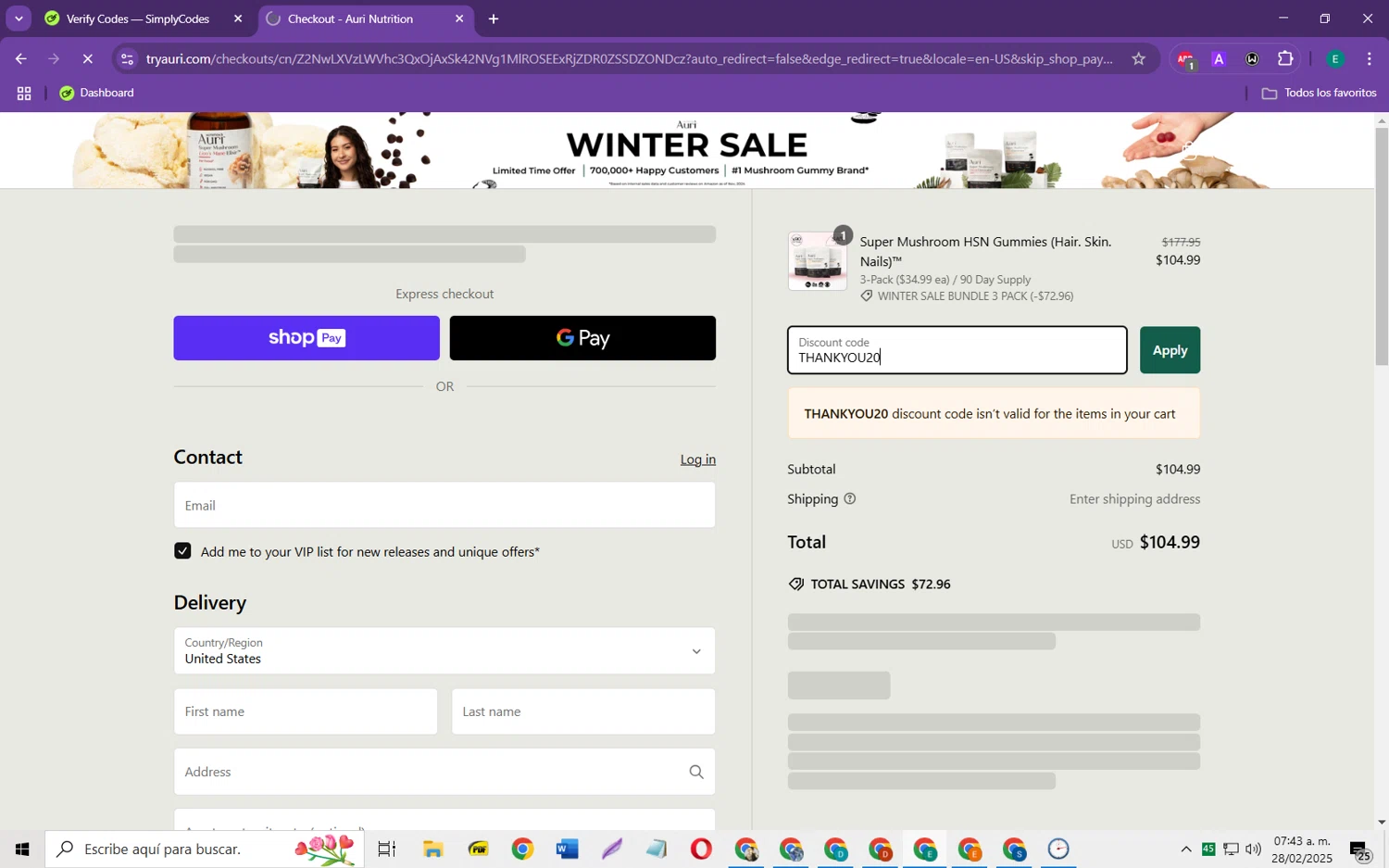 Auri Nutrition coupon code screenshot showing code THANKYOU20 applied at Auri Nutrition checkout page. Uploaded by SimplyCodes community member RebateScholar429 on Feb 28, 2025