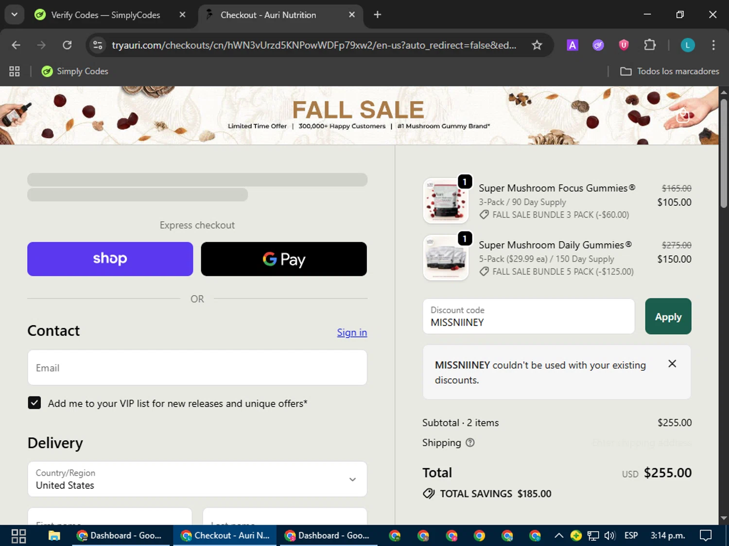 Auri Nutrition coupon code screenshot showing code MISSNIINEY applied at Auri Nutrition checkout page. Uploaded by SimplyCodes community member LuckyLegend792 on Oct 9, 2025