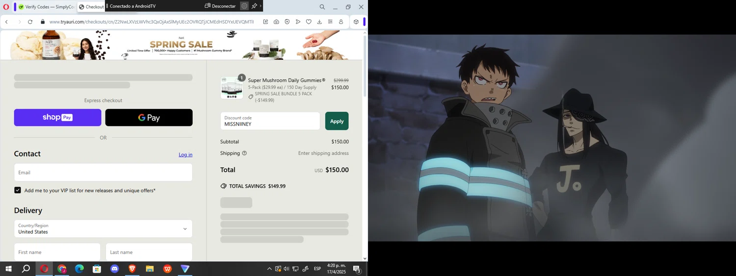 Auri Nutrition coupon code screenshot showing code MISSNIINEY applied at Auri Nutrition checkout page. Uploaded by SimplyCodes community member vergil_777 on Apr 17, 2025